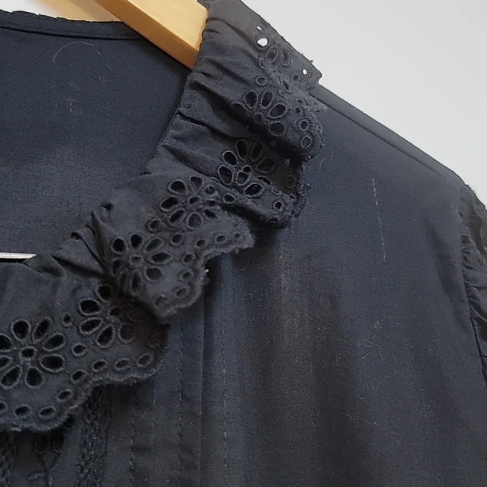 J. Crew Black Eyelet Lace-Trim Button Front Blouse - Picture 4 of 12